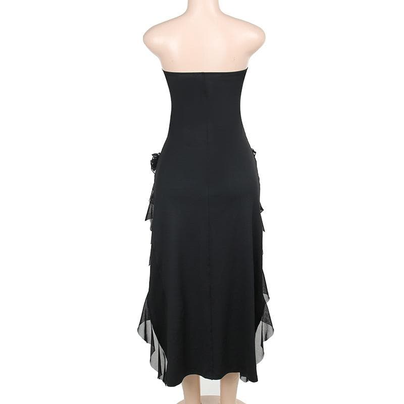 Strapless Corset Lace Floral Hip Ruffle Cascade Maxi Dress