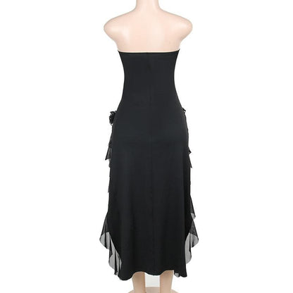 Strapless Corset Lace Floral Hip Ruffle Cascade Maxi Dress