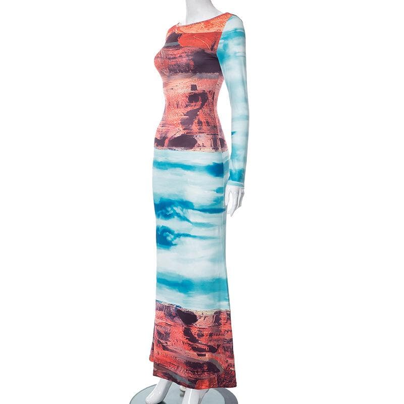 Boat Neck Canyon Landscape Graphic Long Sleeve Bodycon Maxi Dress