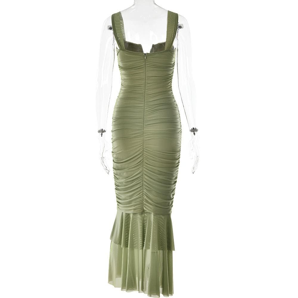 Wide Strap Cutout Bust Ruched Bodice Tiered Mesh Ruffle Hem Maxi Dress