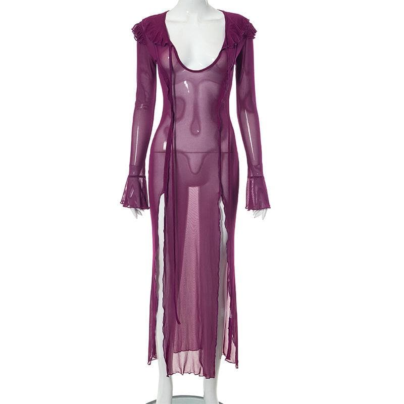 Sheer Mesh Ruffle Cuff Deep V Neck High Slit Flared Sleeve Maxi Dress