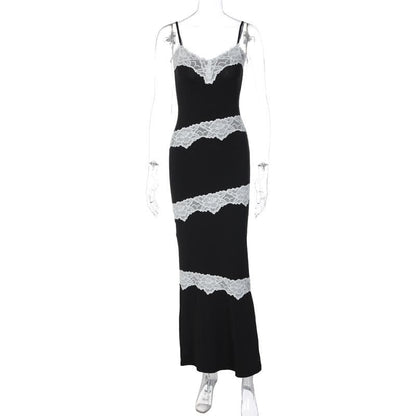 Lace Panel Trim Spaghetti Strap V Neck Bodycon Maxi Dress