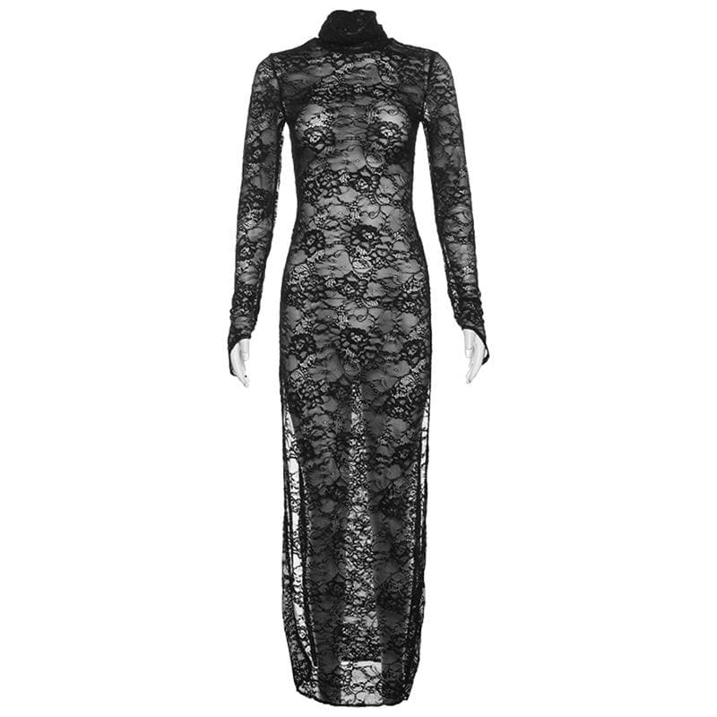 Lace Turtleneck Long Sleeve High Slit Sheer Overlay Maxi Dress