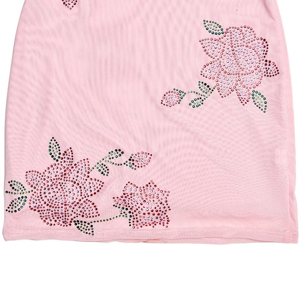 Floral Rhinestone Mesh Ribbon Cutout Short Sleeve Mini Dress