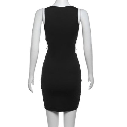 Crew Neck Sleeveless Oval Cutout Rhinestone Ring Hardware Bodycon Mini Dress