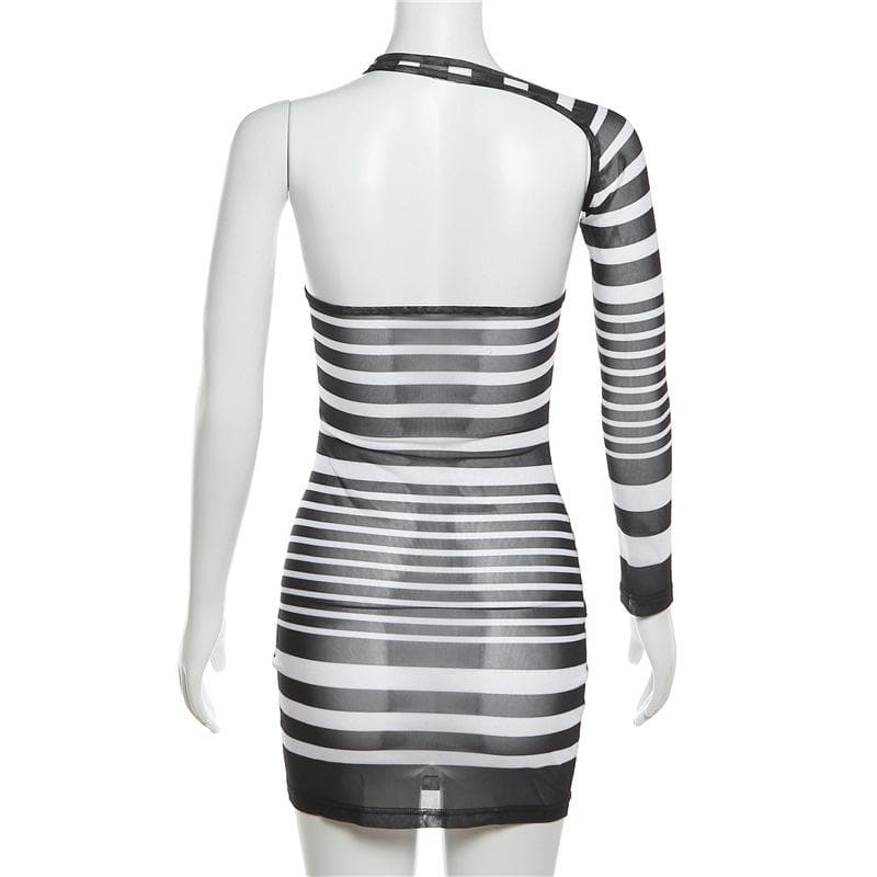 One-Shoulder Long Sleeve Choker Cutout Striped Sheer Mesh Bodycon Mini Dress