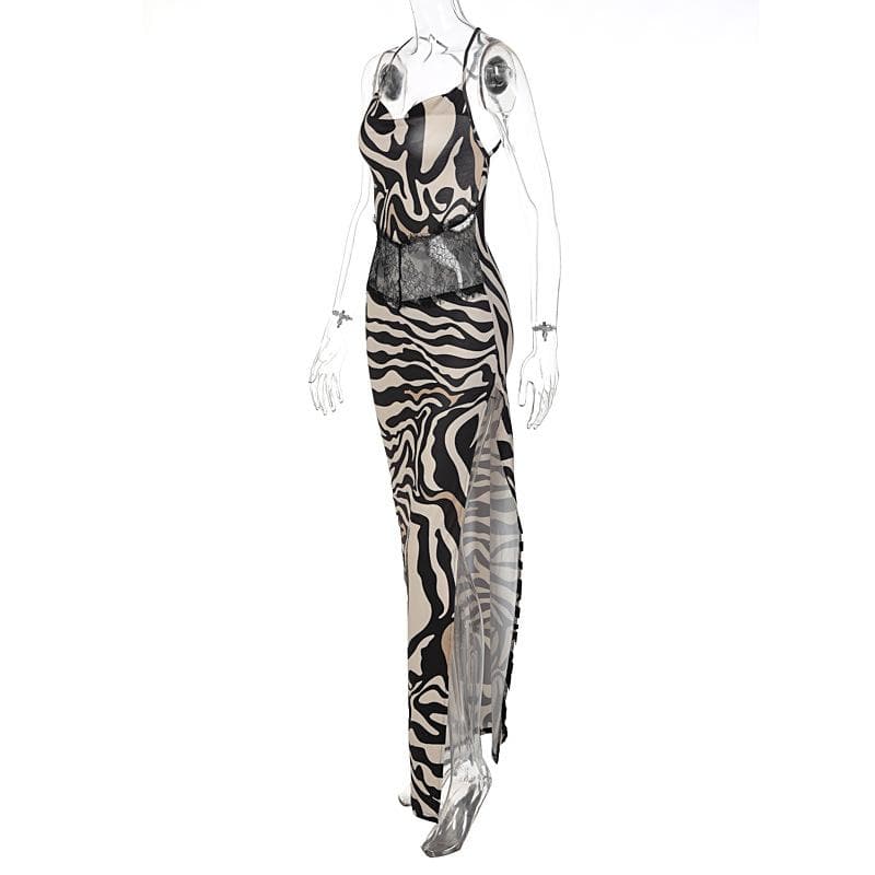 Square Neck Spaghetti Strap Lace Waistband Zebra Print Side Slit Maxi Dress