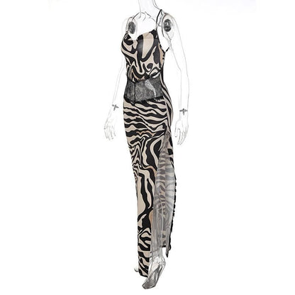 Square Neck Spaghetti Strap Lace Waistband Zebra Print Side Slit Maxi Dress