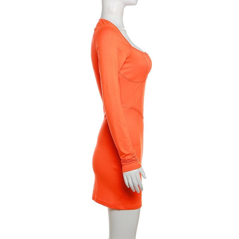 Square Neck Corset Seam Piped Long Sleeve Bodycon Mini Dress