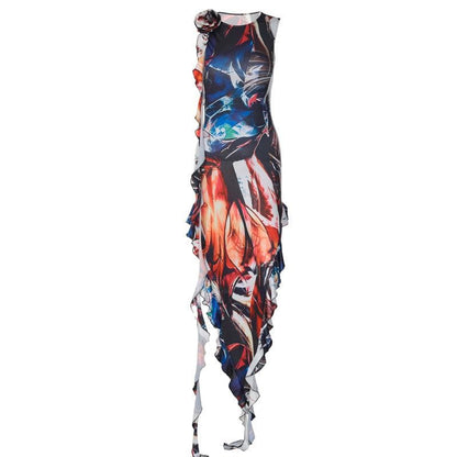 Round Neck Abstract Print Flower Applique Ribbon Sash Ruched Maxi Dress