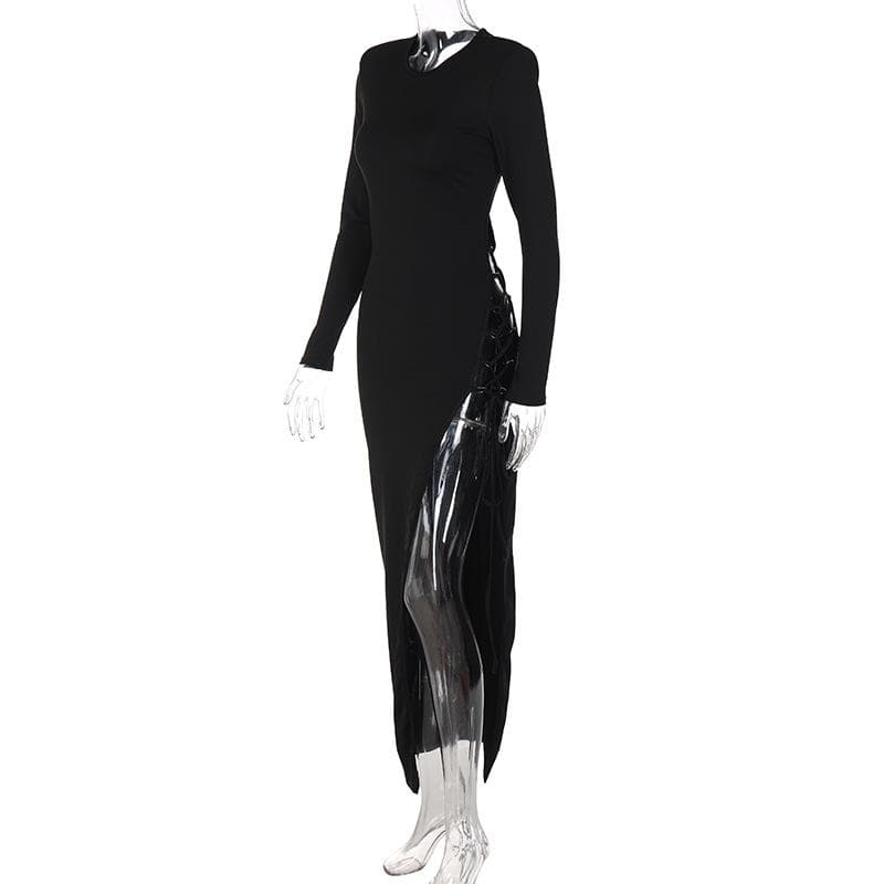High Neck Chest Cutout Lace Up Side Slit Bodycon Maxi Dress