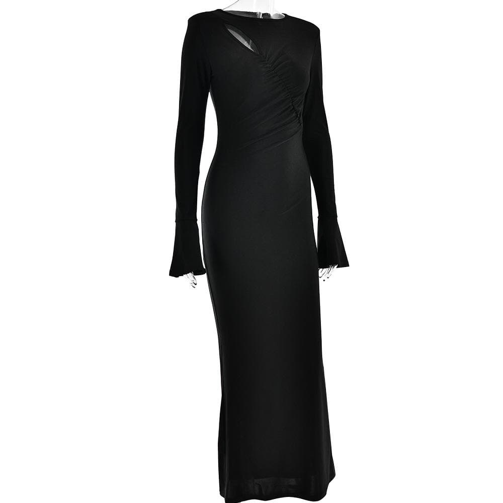 Round Neck Chest Cutout Bell Sleeve Ruched Bodycon Maxi Gown