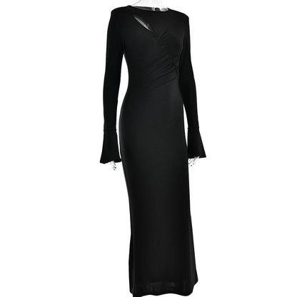 Round Neck Chest Cutout Bell Sleeve Ruched Bodycon Maxi Gown