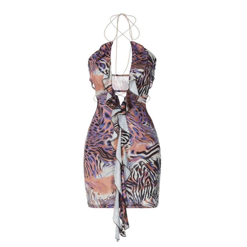 Halter Deep V Neck Ruffle Trim Zebra Marble Print Bodycon Mini Dress