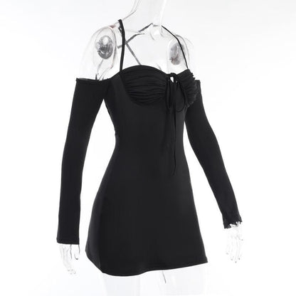 Sweetheart Tie Front Cold Shoulder Long Sleeve A-Line Mini Dress
