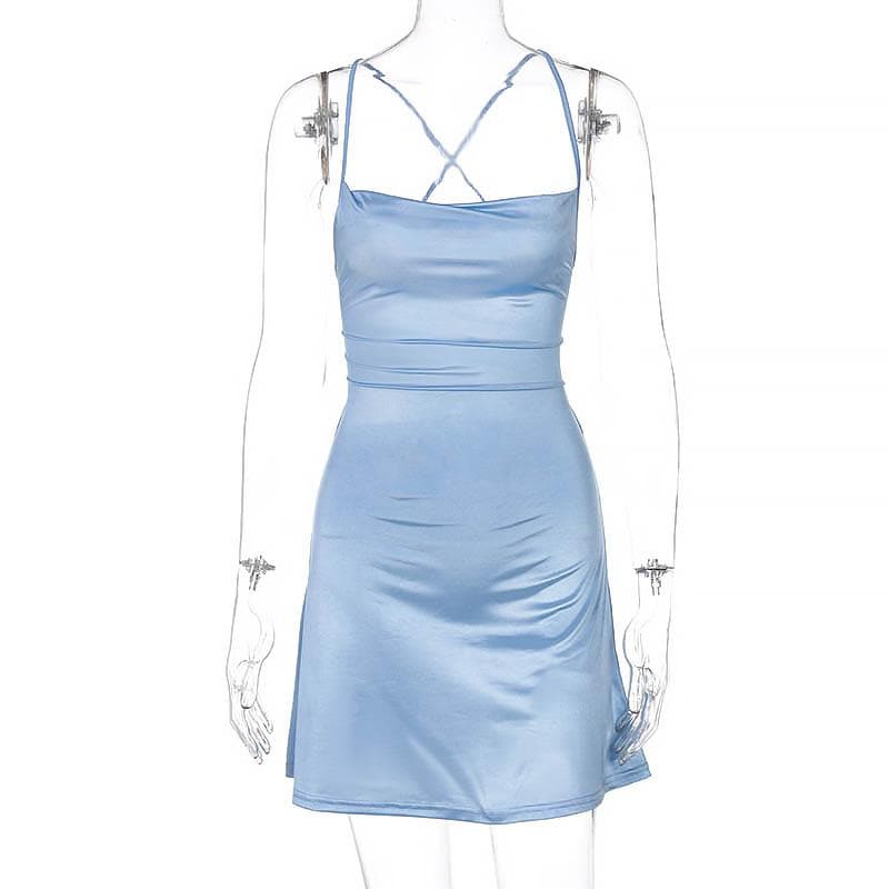 Satin Cowl Neck Cross Back Ruched Waist Bodycon Mini Dress