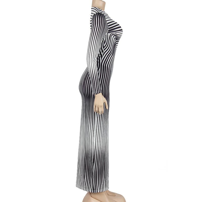 Crew Neck Optical Illusion Curved Stripe Long Sleeve Bodycon Maxi Dress