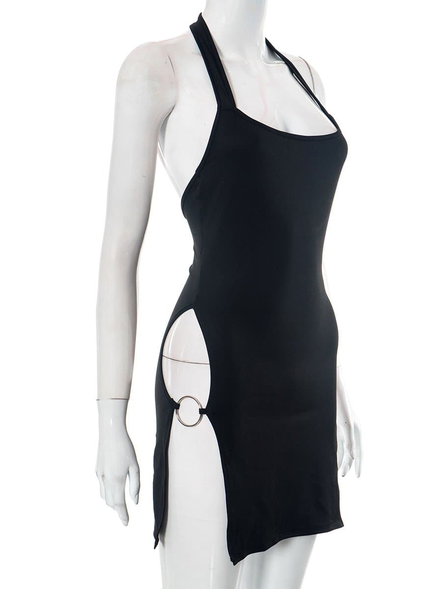 Square Neck Halter O Ring Side Slit Bodycon Mini Dress