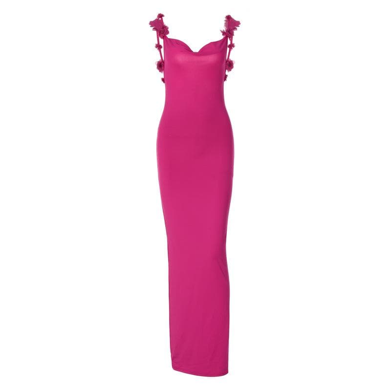 Spaghetti Strap Rosette Applique Open Back Bodycon Maxi Dress