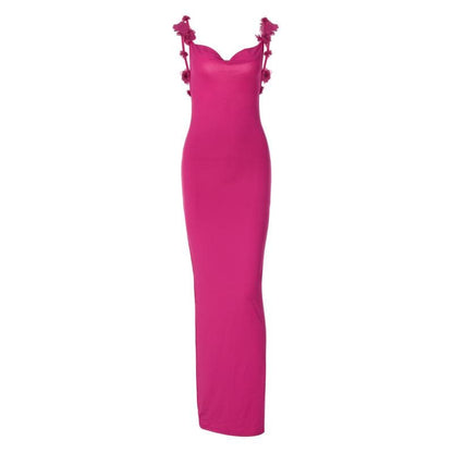 Spaghetti Strap Rosette Applique Open Back Bodycon Maxi Dress