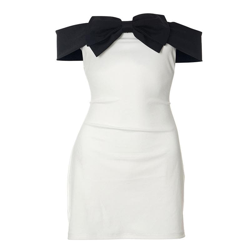 Off Shoulder Oversized Bow Contrast Bodycon Mini Dress