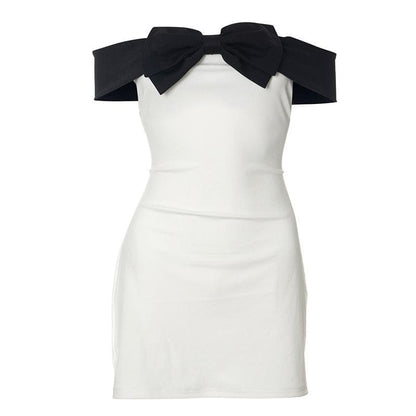 Off Shoulder Oversized Bow Contrast Bodycon Mini Dress