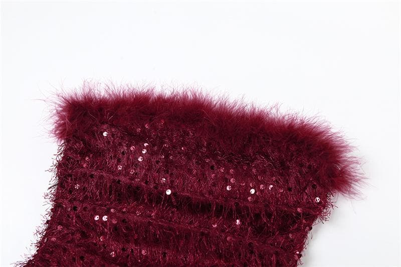 Strapless Feather Trim Eyelash Sequin Tube Mini Dress
