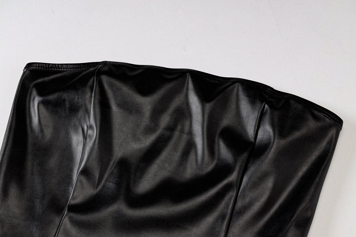 Strapless Faux Leather Princess Seam Side Slit Mini Dress