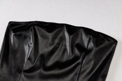 Strapless Faux Leather Princess Seam Side Slit Mini Dress