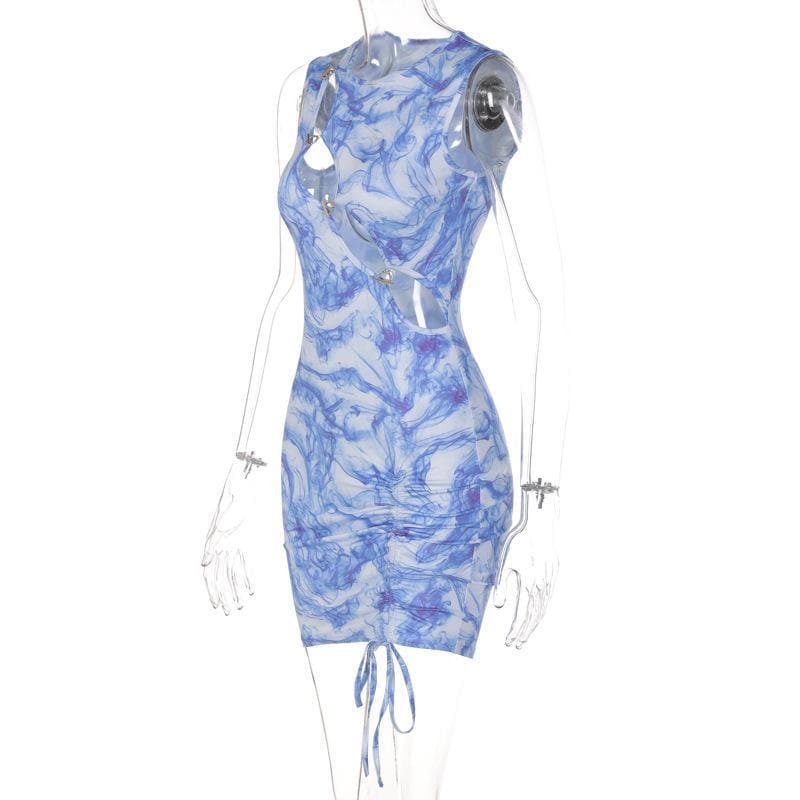 Crew Neck Chain Link Cutout Side Ruched Drawstring Mini Dress