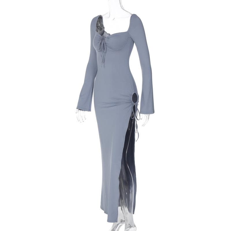 Sweetheart Lace-Up Front Ring Drawstring High Slit Long Sleeve Bodycon Maxi Dress