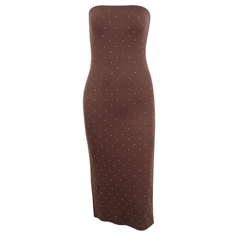 Strapless Rhinestone Studded Tube Side Slit Bodycon Midi Dress