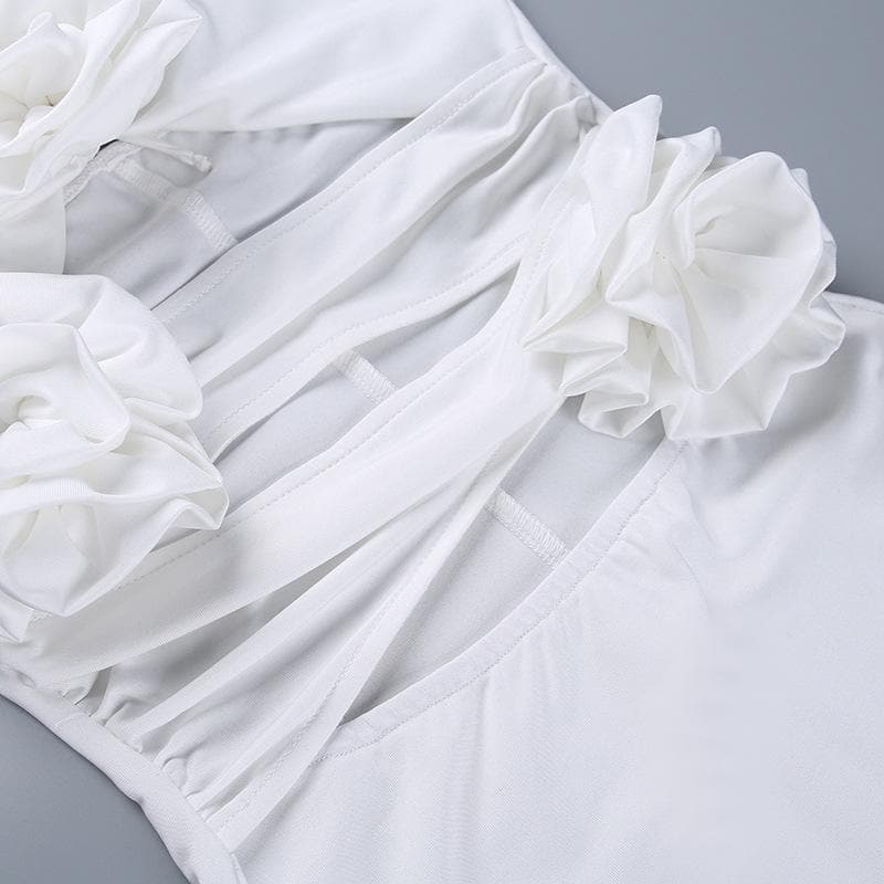 Halter 3D Floral Applique Diamond Cutout Side Ruching Flower Trim Maxi Dress