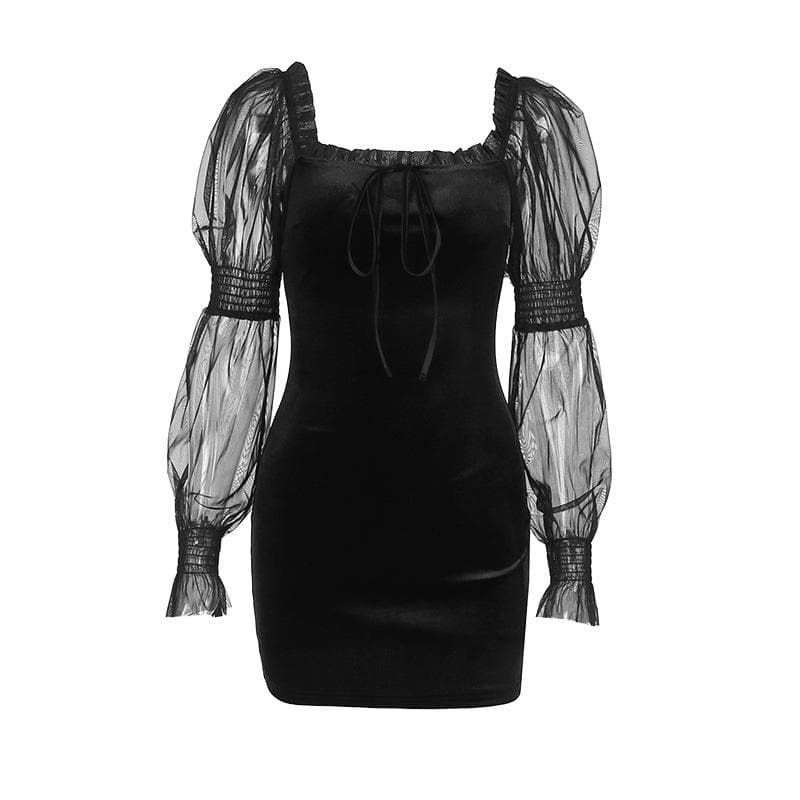 Off Shoulder Mesh Puff Sleeve Tie Front Ruffle Trim Velvet Bodycon Mini Dress
