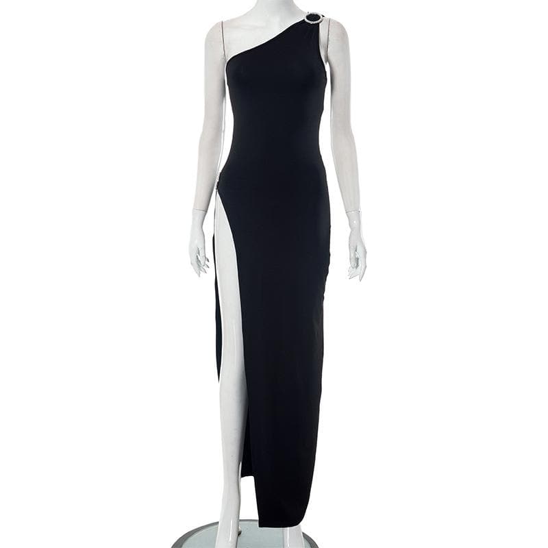 One Shoulder Rhinestone Ring High Slit Bodycon Maxi Dress