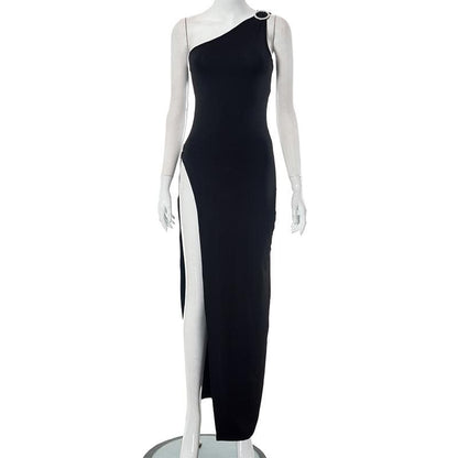 One Shoulder Rhinestone Ring High Slit Bodycon Maxi Dress