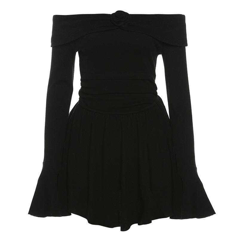 Flower Applique Off Shoulder Flared Sleeve Slit Mini Dress