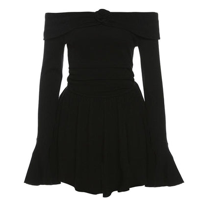 Flower Applique Off Shoulder Flared Sleeve Slit Mini Dress