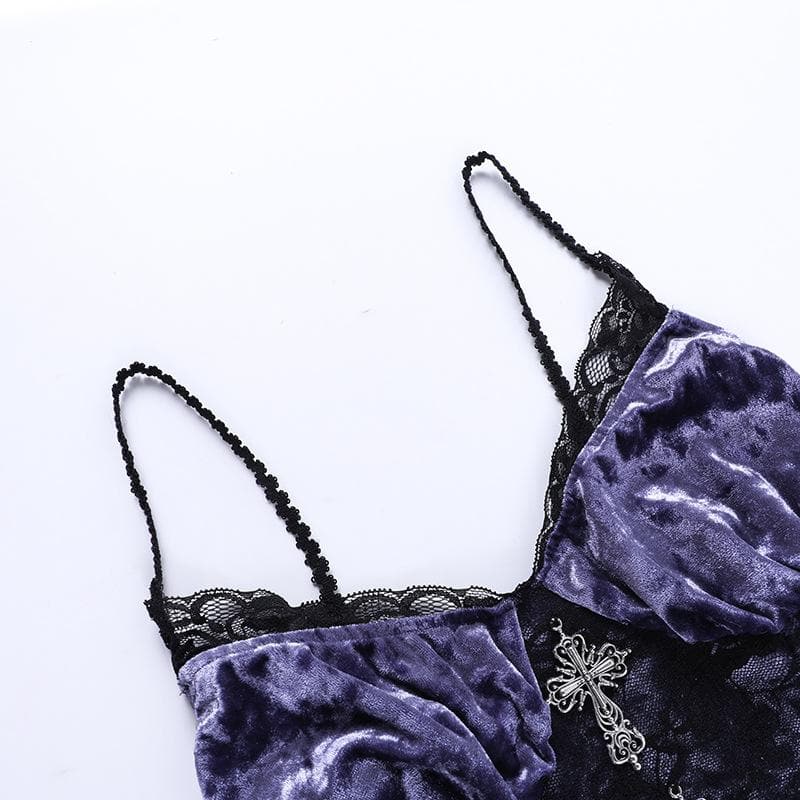 Velvet Lace Trim Cross Applique Corset High Low Midi Dress