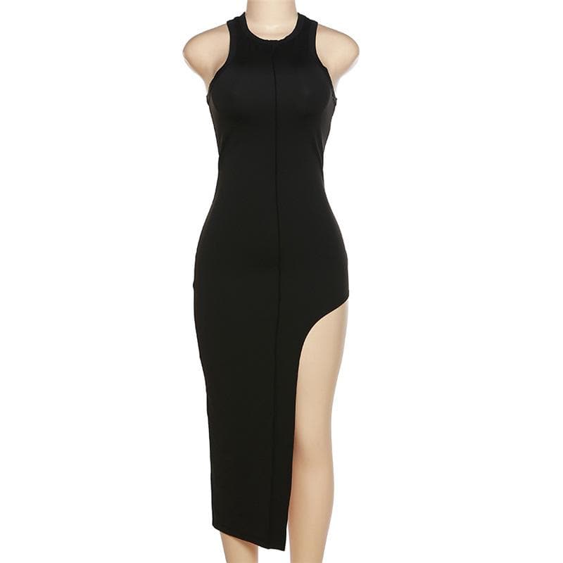 High Neck Sleeveless Center Seam Asymmetric Hem Midi Dress