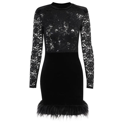 Mock Neck Floral Lace Long Sleeve Velvet Skirt Feather Trim Mini Dress