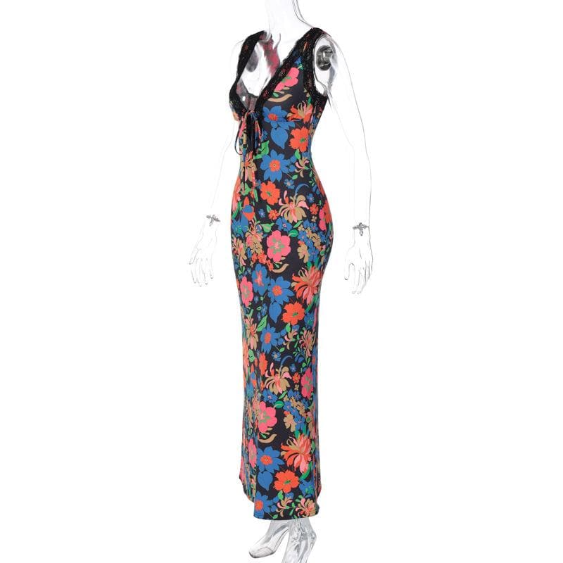 Lace Trim Tie Front Plunge V Neck Floral Maxi Dress