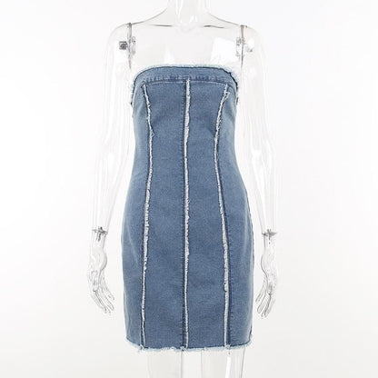 Raw Edge Panel Seam Strapless Denim Tube Mini Dress