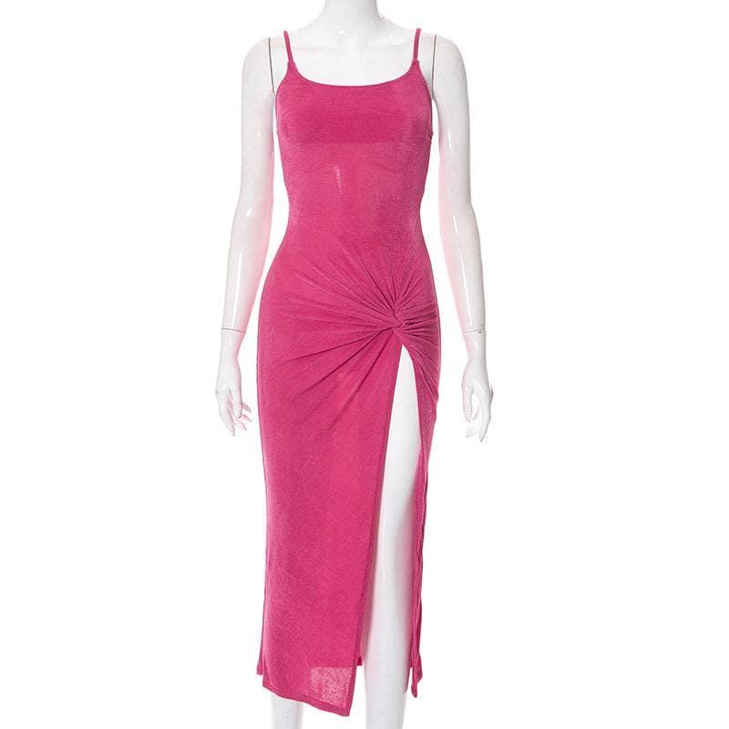 Square Neck Spaghetti Strap Knot Detail High Slit Backless Cami Midi Dress