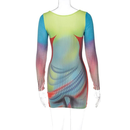 Long Sleeve Scoop Neck Trompe L'Oeil Body Print Bodycon Mini Dress