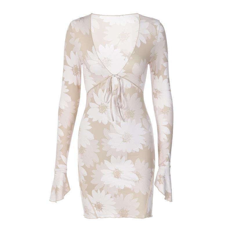 Abstract Print Deep V Tie Front Flared Sleeve Mini Dress