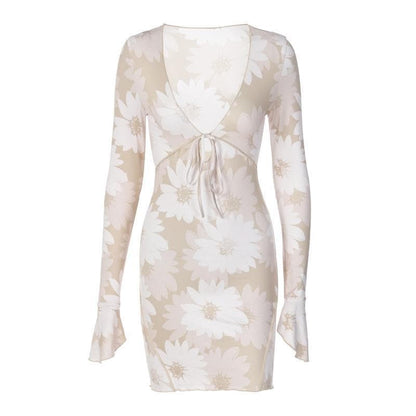 Abstract Print Deep V Tie Front Flared Sleeve Mini Dress