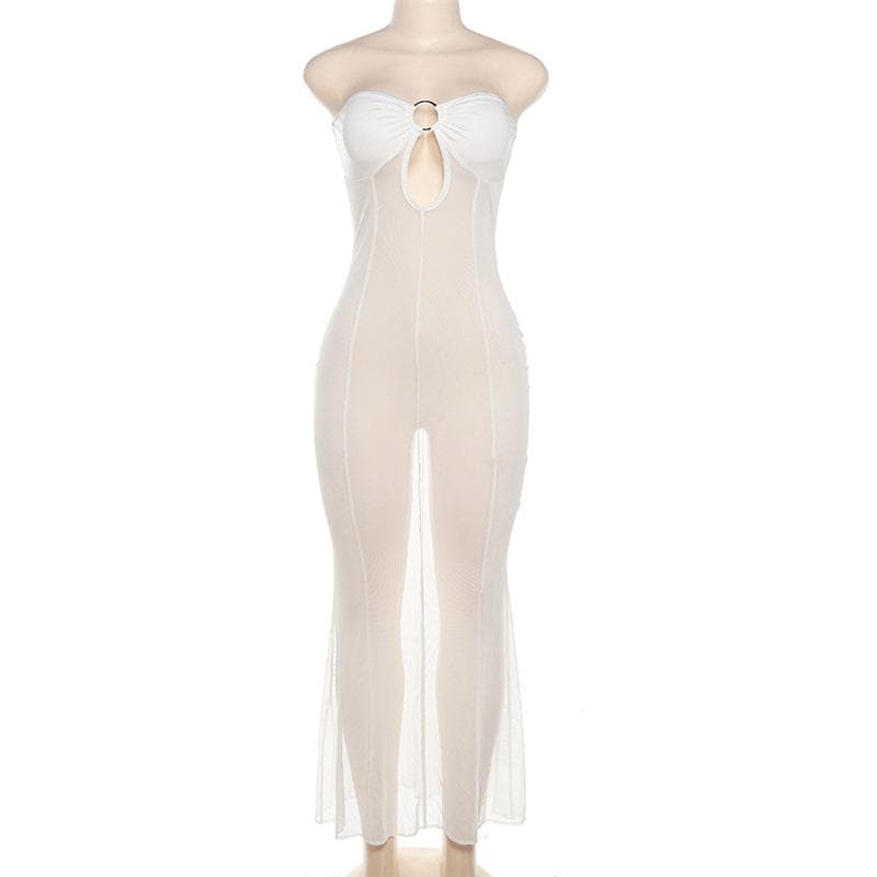 Sheer Mesh Tube Keyhole Ring Center Seam Bodycon Maxi Dress
