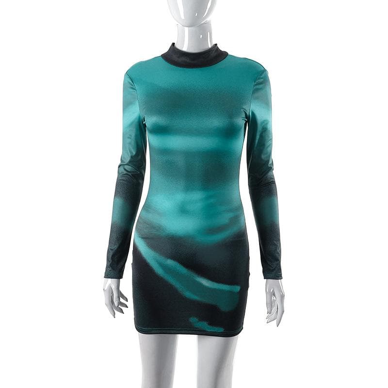 Abstract Print Long Sleeve Self Tie Backless Bodycon Mini Dress