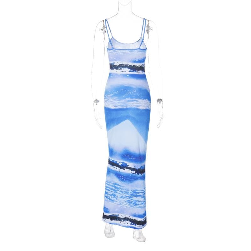 Abstract Landscape Print Scoop Neck Backless Cami Bodycon Maxi Dress